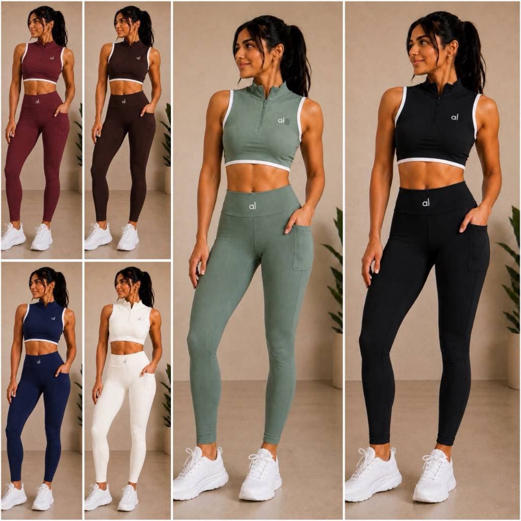 Conjunto Fitness Feminino Calça Legging Com Bolso E Top Zíper Gola Alta HJ1021