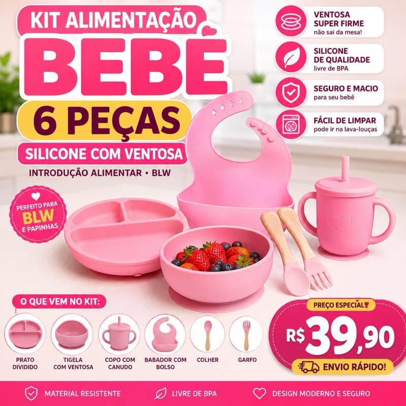 Kit Alimentação Bebê 6 Peças Silicone com Ventosa BLW Introdução Alimentar Prato Copo Babador Talheres