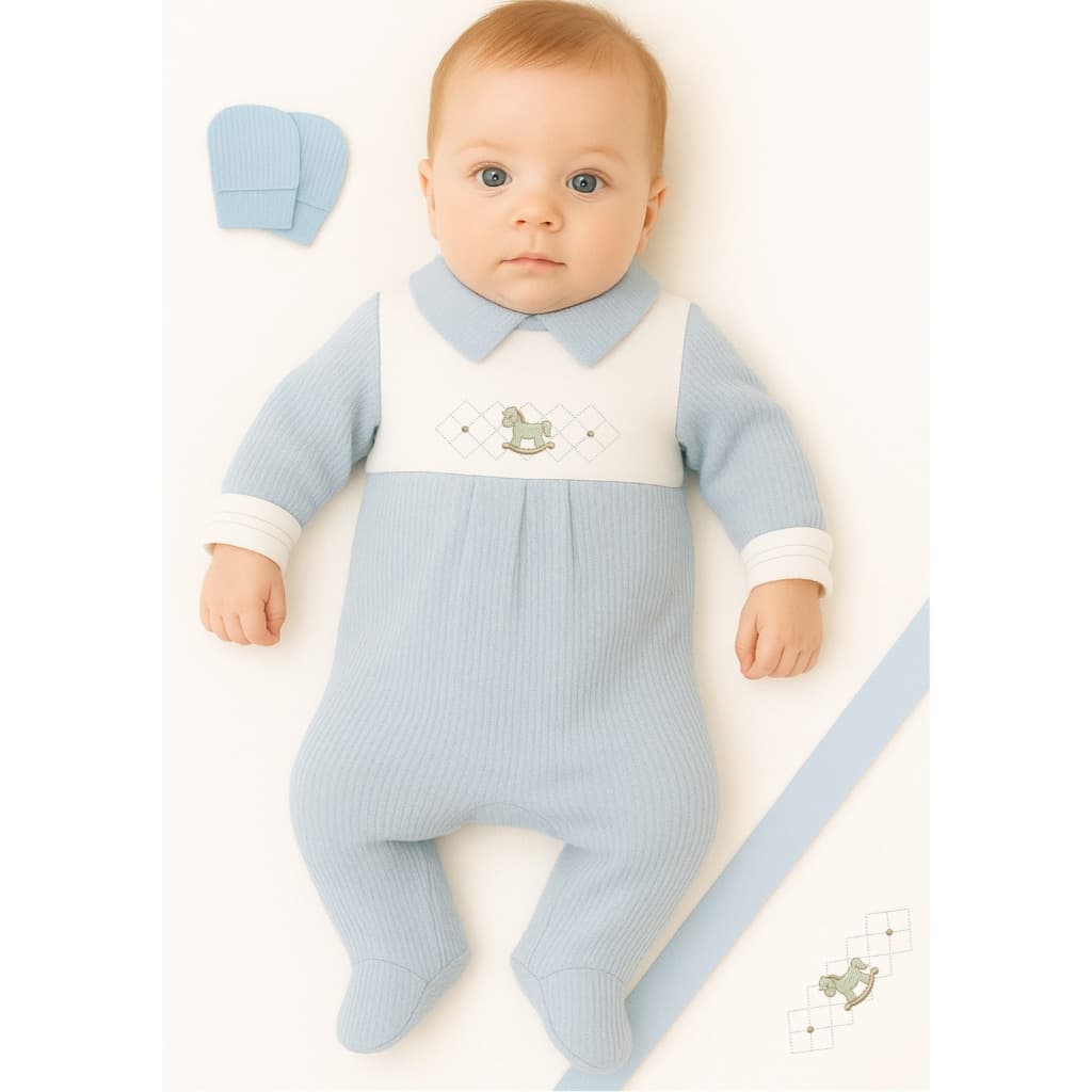 Saída Maternidade Menino 03 Peças Cavalinho Malha Tricot Roupa de Bebê Menino