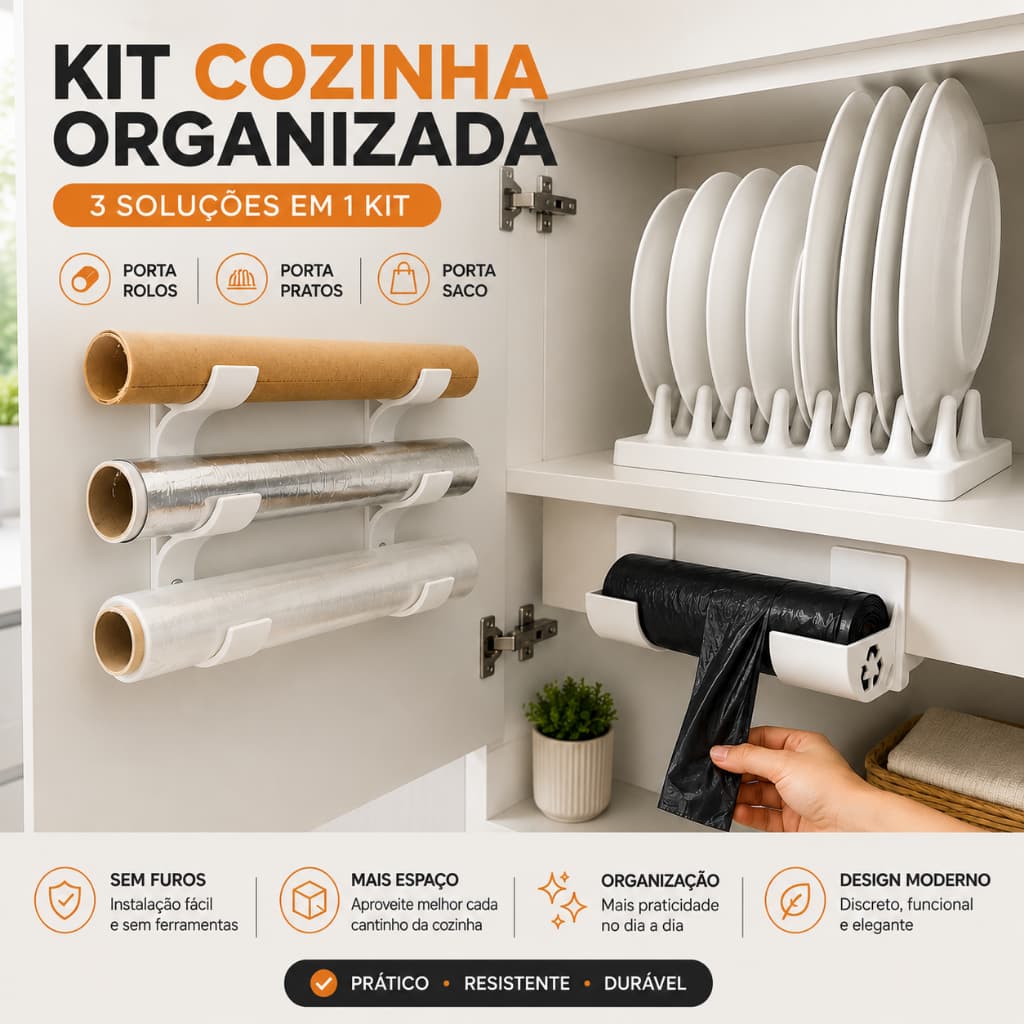 Kit Cozinha Organizada 3 Peças Porta Rolos + Porta Pratos + Porta Saco Lixo Organizadores de Armário