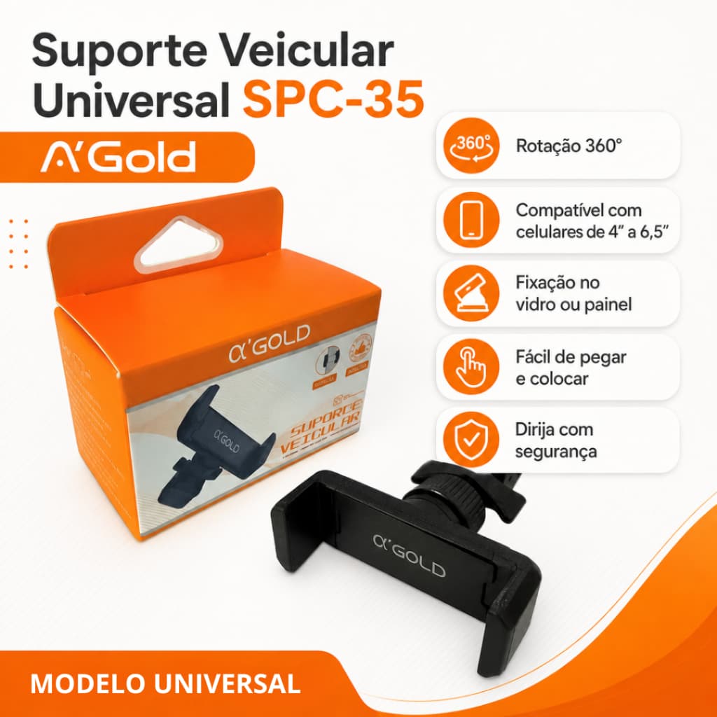 Suporte Veicular para Celular/ Suporte Giratório Ajustável Universal Carro Painel e Para-Brisa Todos os Modelos (SPC-35)