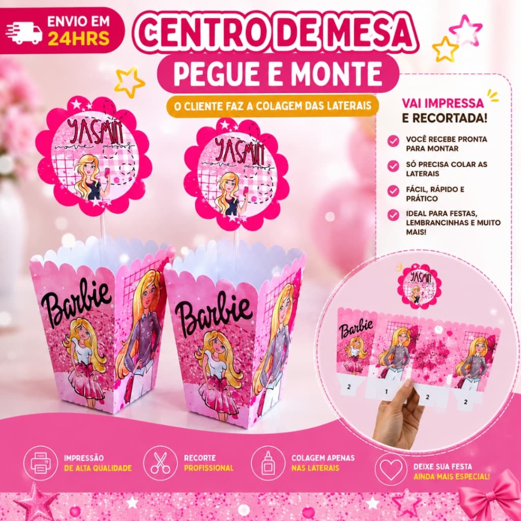 Kit 10 Centro de mesa Barbie Personalizados /Lembrancinha de Festa /Aniversário PEGUE E MONTE