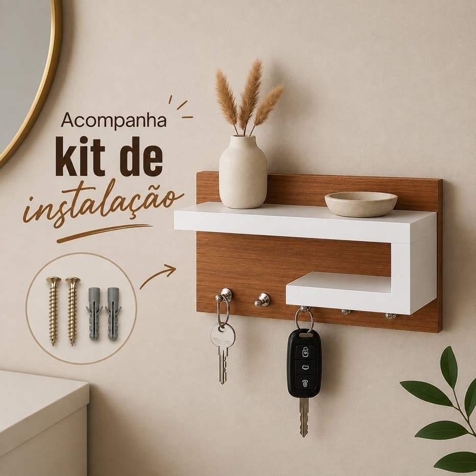 Porta-Chaves de Parede com Prateleira Decorativa em MDF 25x13x8,5 cm – Design Moderno Amadeirado e Branco