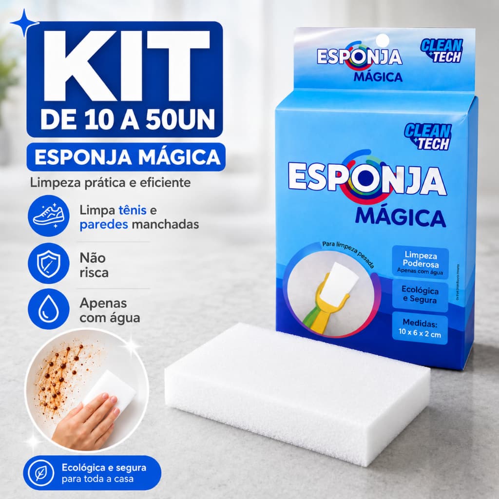 Esponja Mágica Clean Tech Melamina Bucha Tira Mancha Multiuso Limpa Tênis Parede Kit 10 a 50