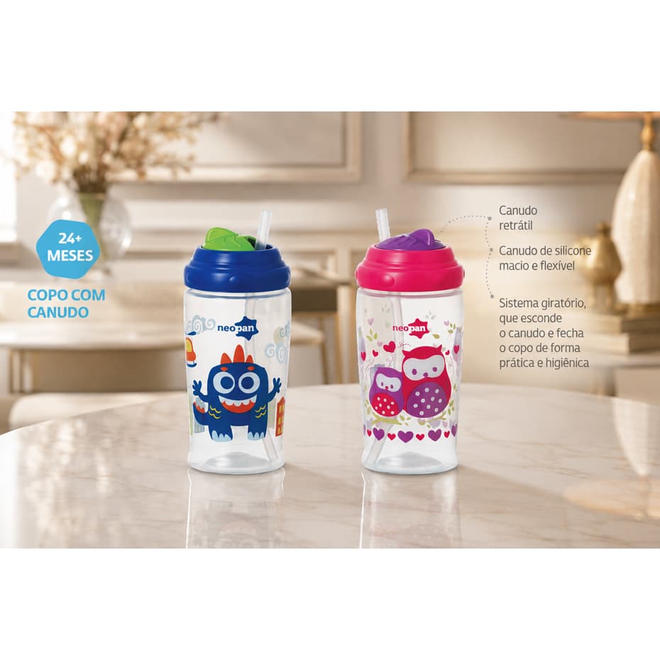 Copo com Canudo Retrátil  360ml – Praticidade, Conforto e Higiene