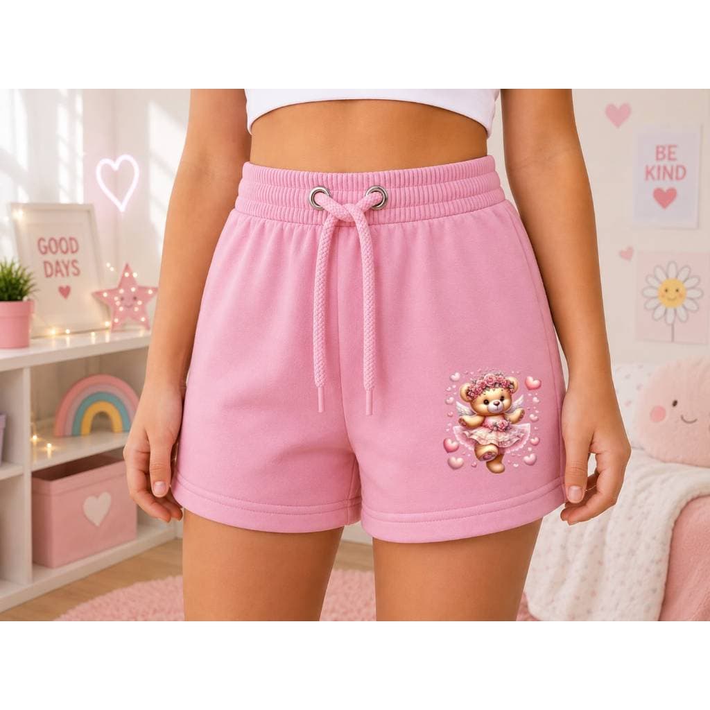 Short Feminino Infantil com Estampa de Ursinha Fofa com corações Delicado Shorts Casual Confortável com Cordão