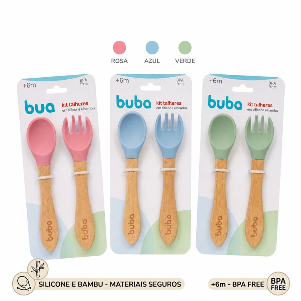 Kit Talher Infantil Buba em Silicone e Bambu Rosa ou Azul – Colher e Garfo para Bebê | Livre de BPA