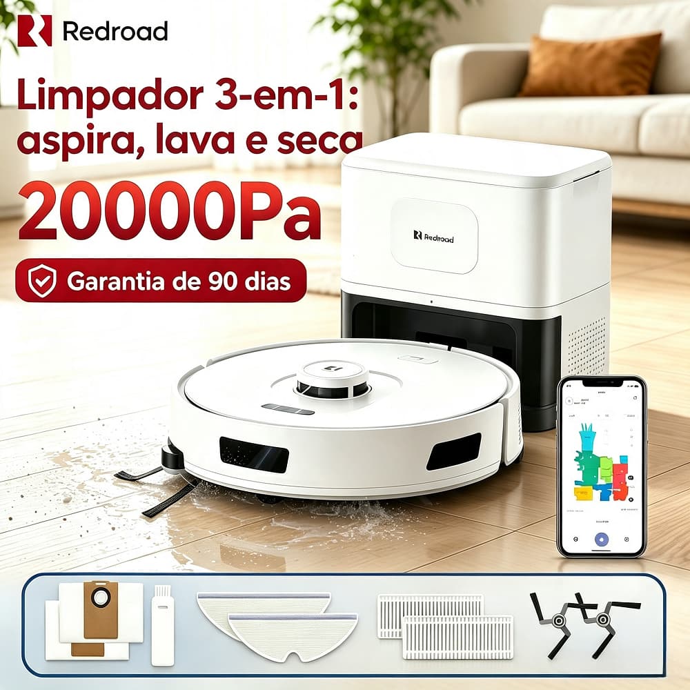 Robô Aspirador 3 em 1 LiDAR, Estação Autolimpante, Sucção 20000Pa, APP, Saco 4L Redroad R11