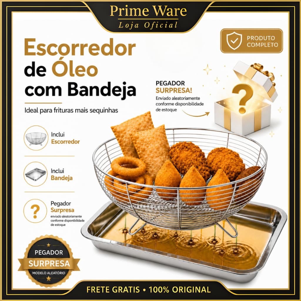Escorredor de Óleo com Bandeja inox 32cm Grande Redondo Para Fritura Multiuso - Grátis Pegador