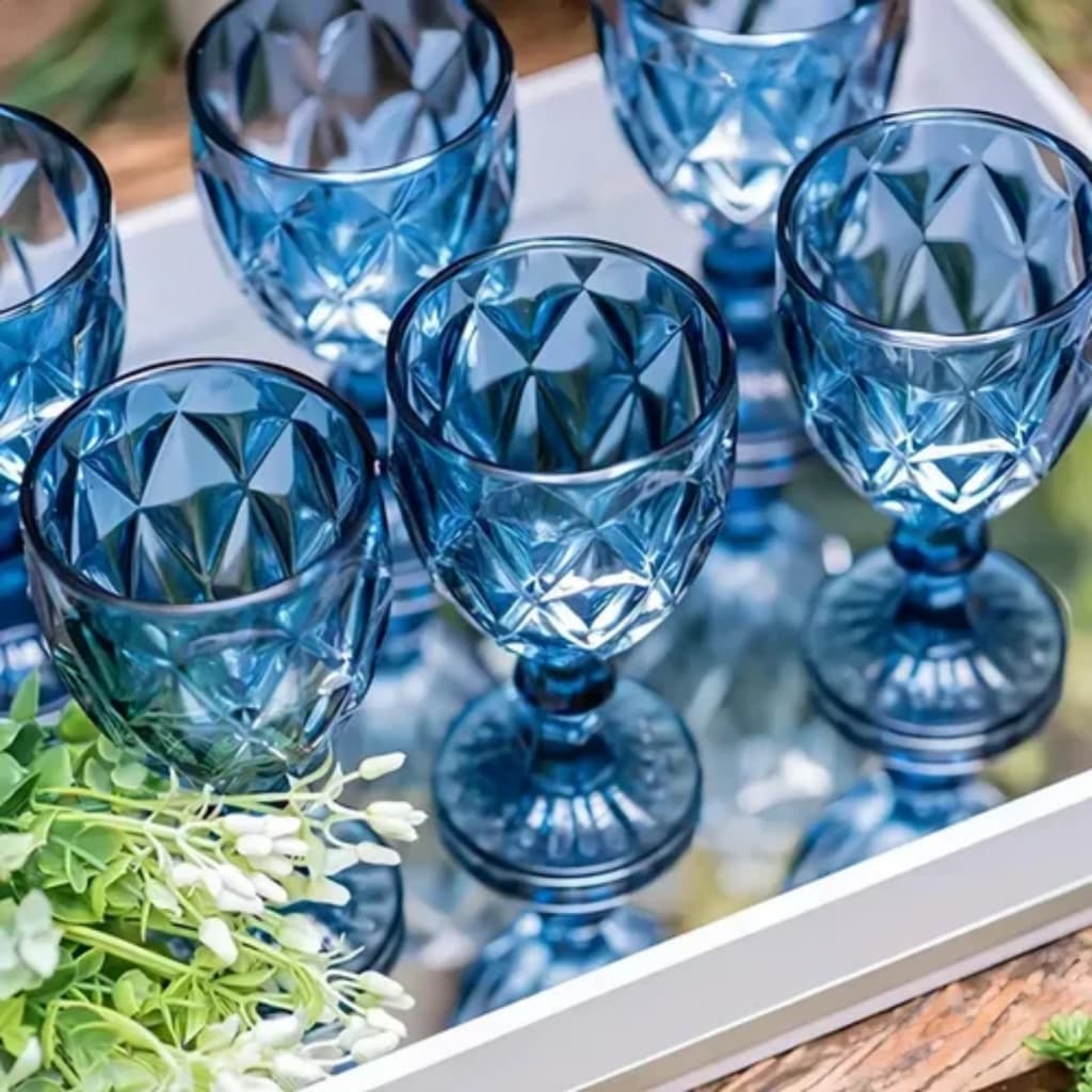 Kit Taças Diamond Azul 330ml Vidro Luxo Kit 2 4 6 Taças Confraternização Casamento