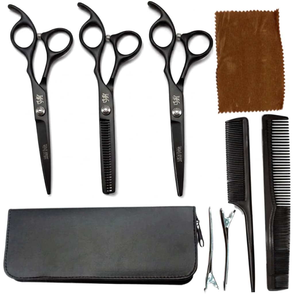 Kit 3 Tesouras Profissionais + 2 presilhas de metal + 2 Pentes Estojo Barbeiro Preto Anatómica