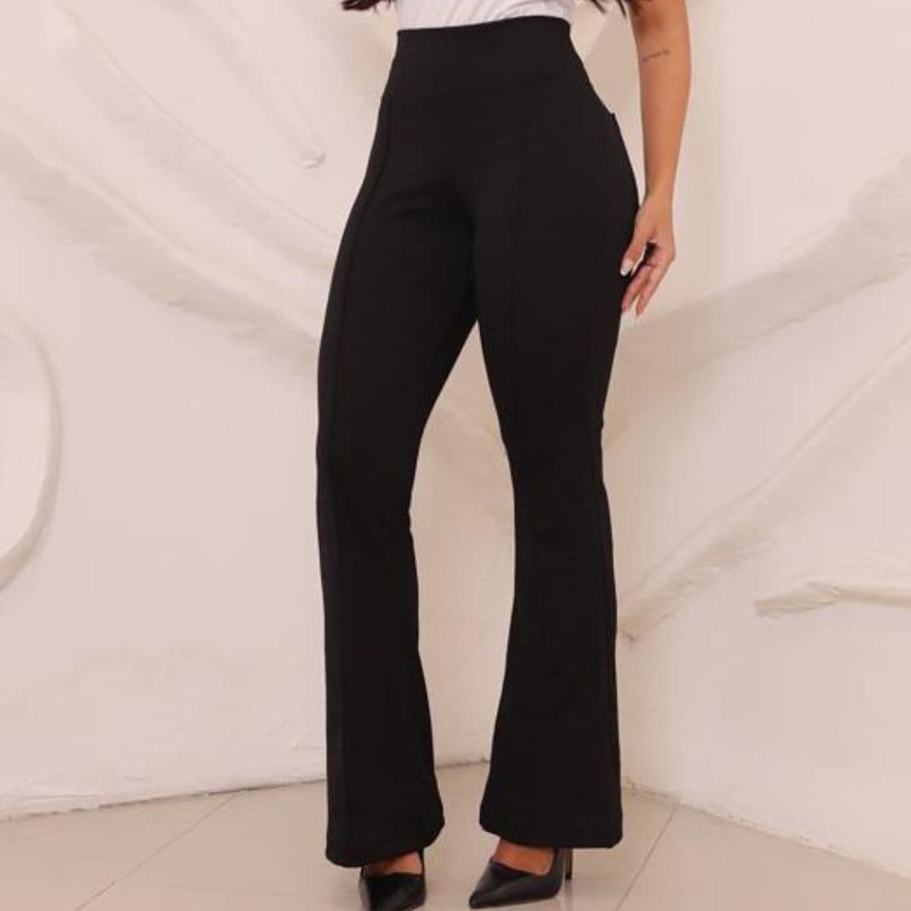 Calça Bailarina Flare Feminina Cintura Alta Jacquard Linho com Bolsos Traseiros