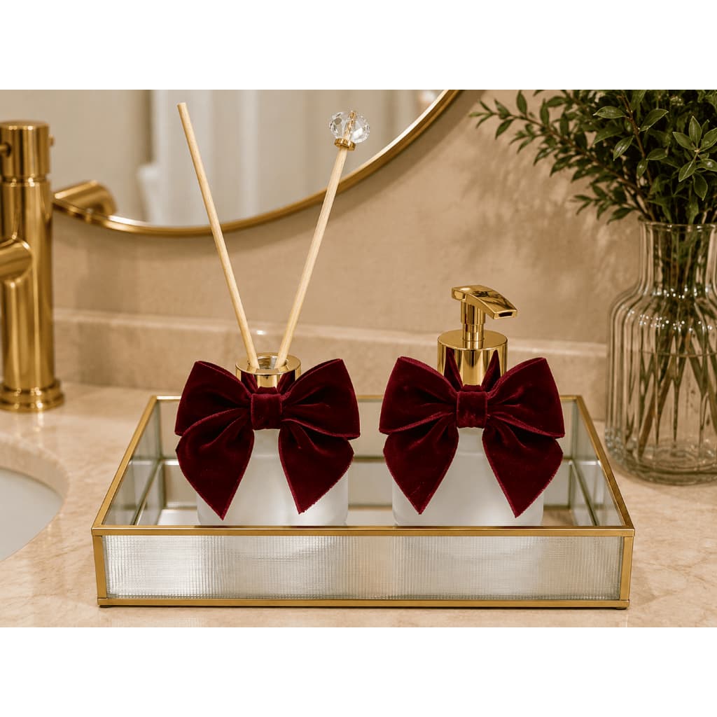 Kit Lavabo Luxo Vidro 6 Peças Difusor Saboneteira Kit Banheiro Aromatizador e Porta Sabonete Liquido Vidro Fosco Laço