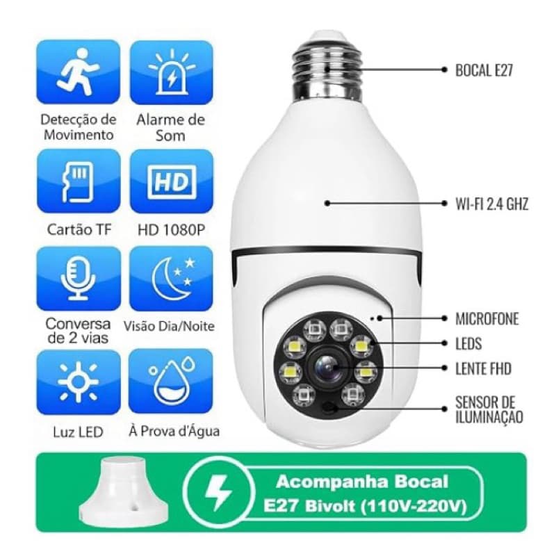 Câmera Lâmpada de Segurança Wifi 360° Full HD 1080P, Bivolt, Câmera IP E27 Panorâmica com Visão Noturna Colorida