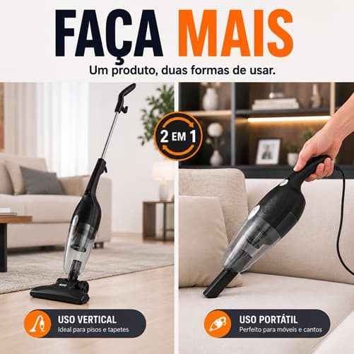 Aspirador de Pó Vertical 2 em 1 600W 110V Portátil com Fio 4m 1,2L 3 Bocais