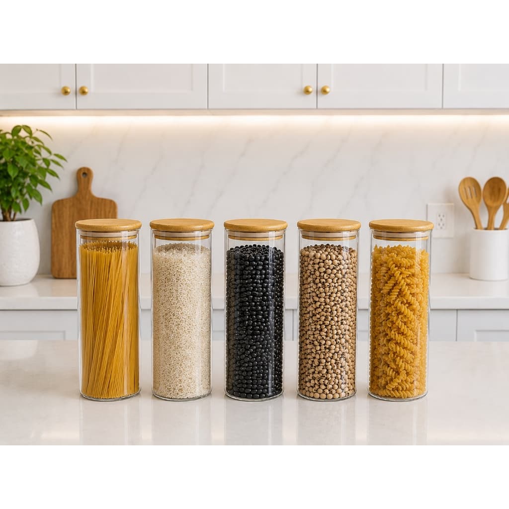 Kit 5 Potes 1800ml Redondos com Tampa de Bambu Organizador de Cozinha