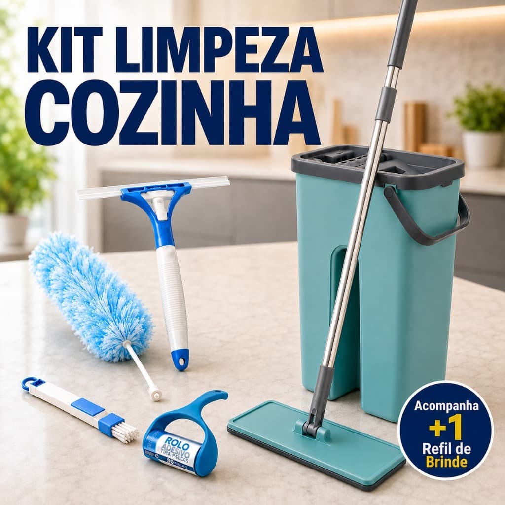 Kit Limpeza 5 Peças Rodo Mop Flat + Refil + Rolo Tira Pelos + Rodo Limpa Vidros + Espanador + Escova LLimpa Frestas