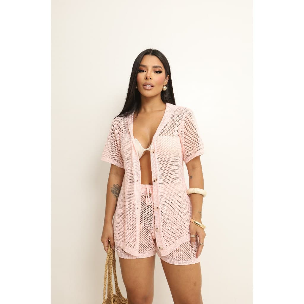 Conjunto Saida de Praia Feminina Tricot Short e Cardigan com Botões Moda Praia Verão Tricô Vazado