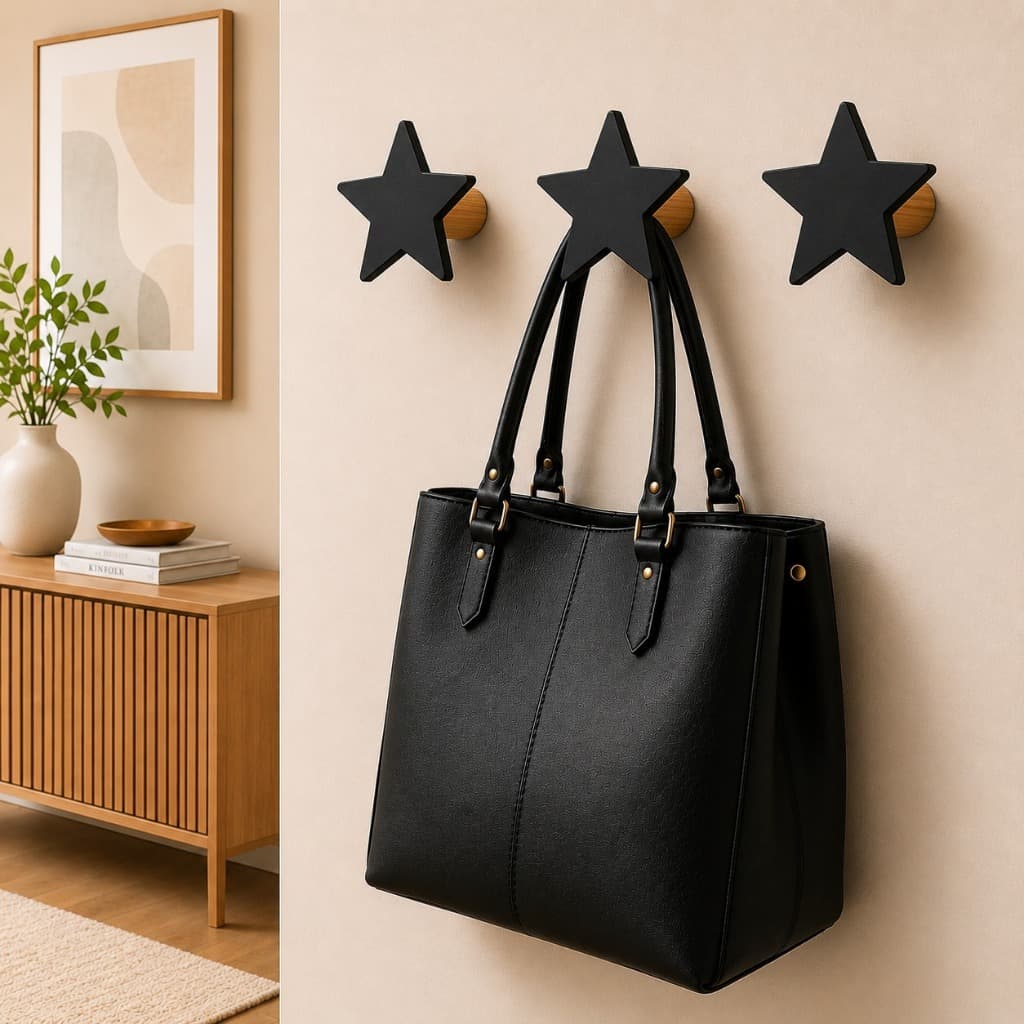 Kit Ganchos de Parede Estrela em MDF Preto para Bolsas, Mochilas, Roupas e Organização