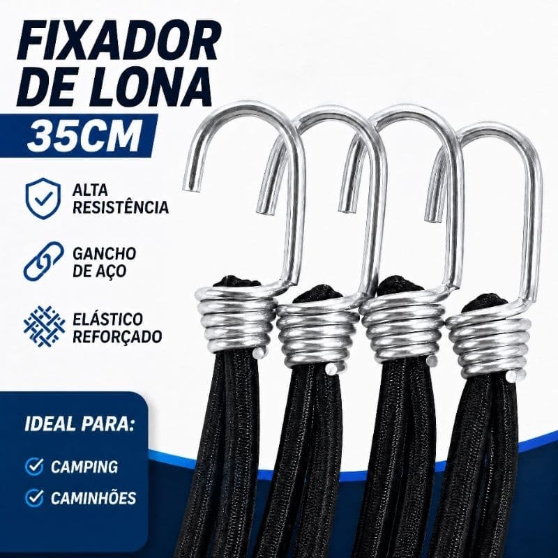 Fixador de Lona 35cm Elástico  com Gancho de Ferro Encapado para Camping e Caminhão – Kit 10/20/50und