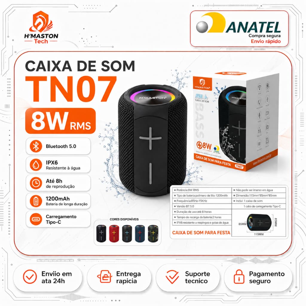 H'maston TN07 Caixinha De Som Bluetooth Caixa De Som Blootooth Caixa De Som Bluetooth Portátil Som Caixa Bluetooth IPX6