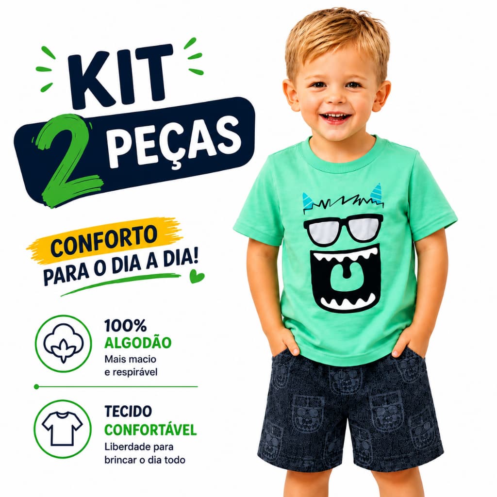 Conjunto Menino 2 Peças (Camiseta + Shorts) Algodão – Confortável, Ideal para o Verão - 1 ao 8