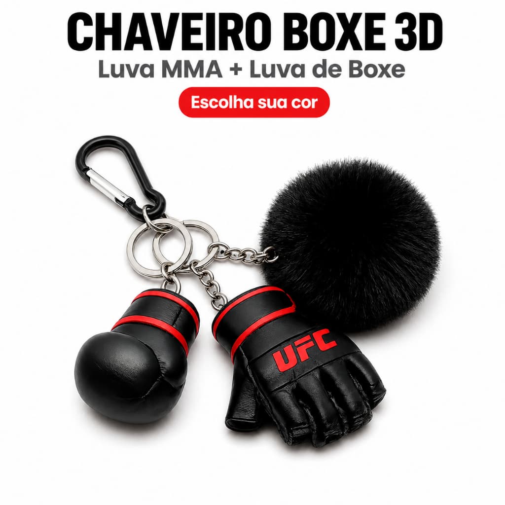 Chaveiro Luva UFC + Luva de Boxe 3D com Pompom | Chaveiro Academia, MMA, Boxe, Muay Thai | Presente Criativo