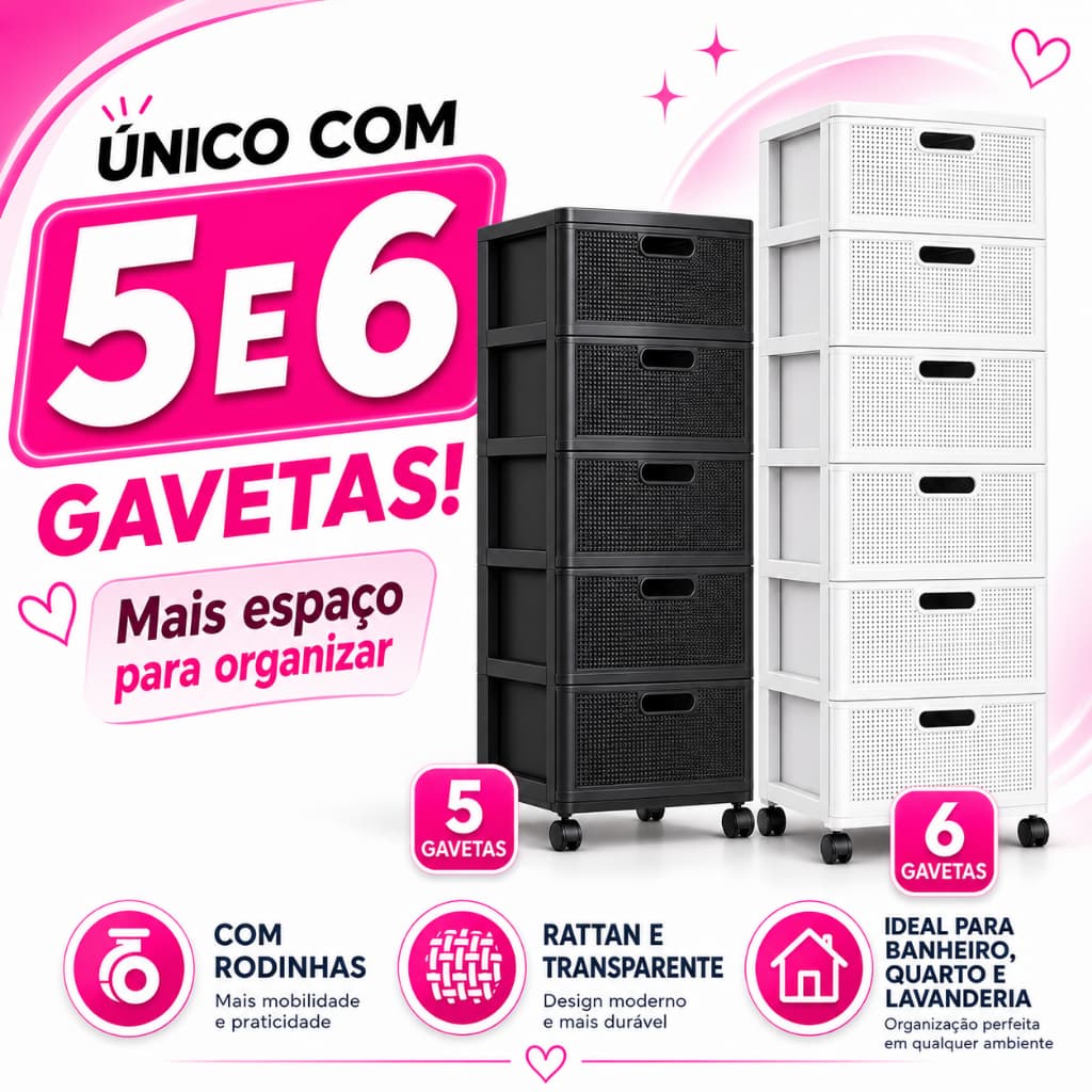 Gaveteiro Plástico Multiuso 3, 4, 5 ou 6 Gavetas com Rodinhas Cozinha Preto/Branco, Comoda