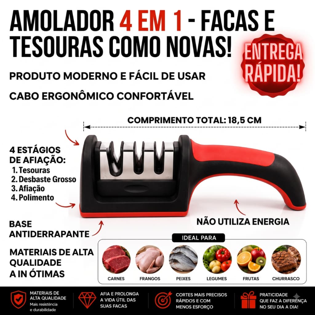Amolador Afiador De Facas E Tesouras 4 Em 1 Profissional Aço Inox Base Antiderrapante Envio Rápido