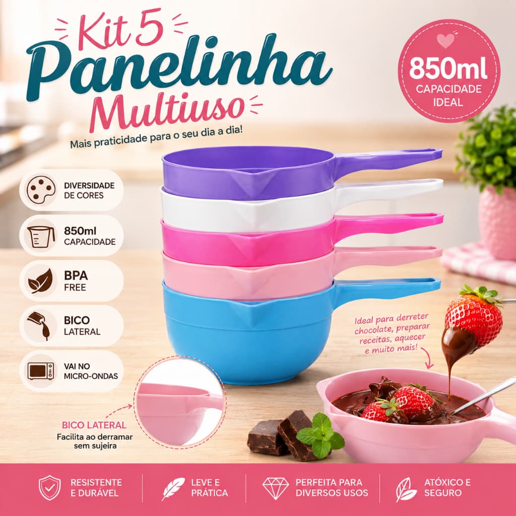 Kit 5 Panelinha Multiuso Derreter Chocolate 850ml Confeitaria Para Doces Festa 5 Cores Microondas