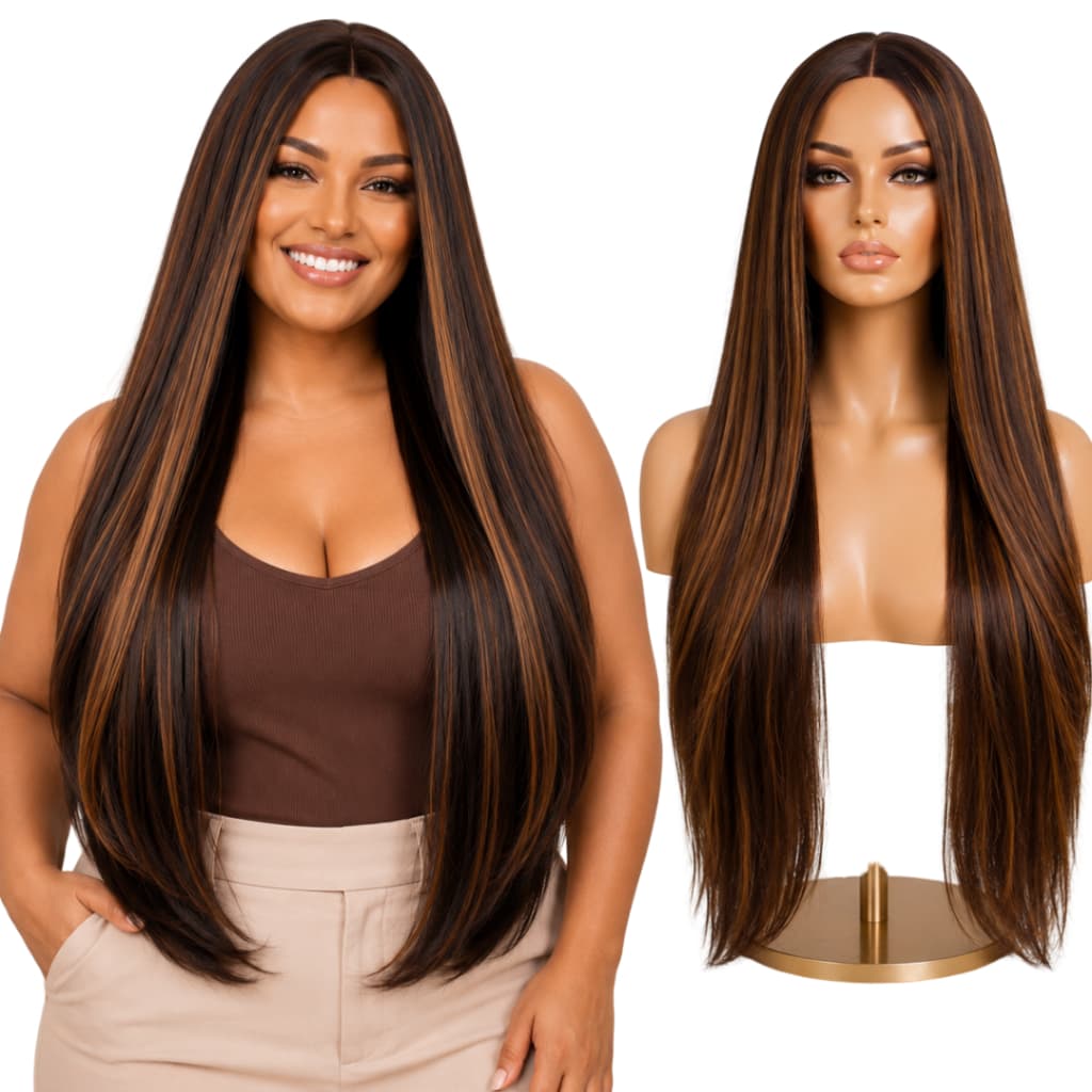 Peruca Lisa Sem Franja Fibra Orgânica Premium Com Mechas