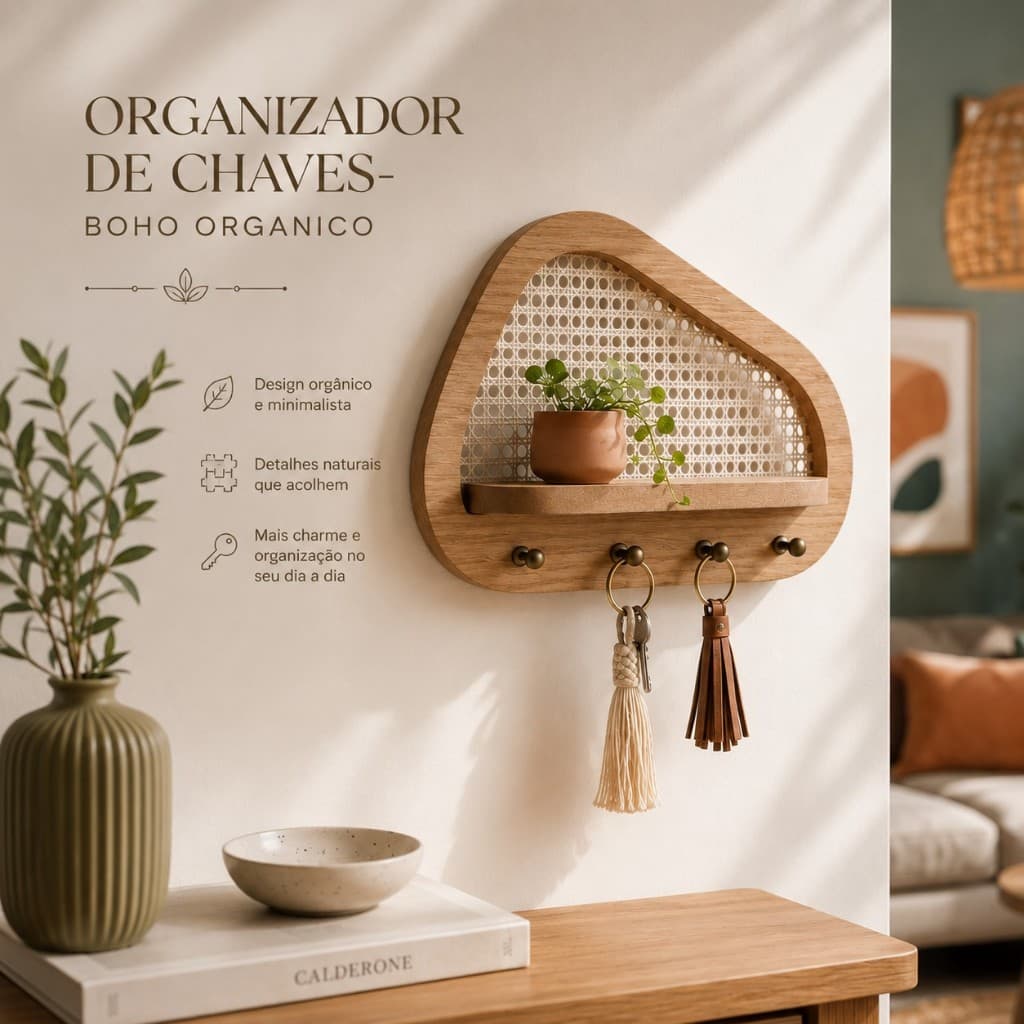 Organizador de Chaves Orgânico com Palha Indiana Sintética e Ganchos MDF
