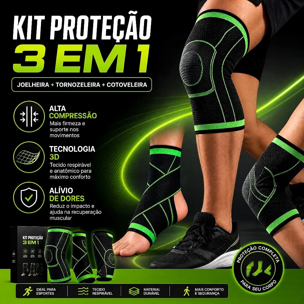 Kit Ortopédico Compressão Premium Joelheira + Tornozeleira + Cotoveleira Ajustável Esportes Academia Alívio Dor