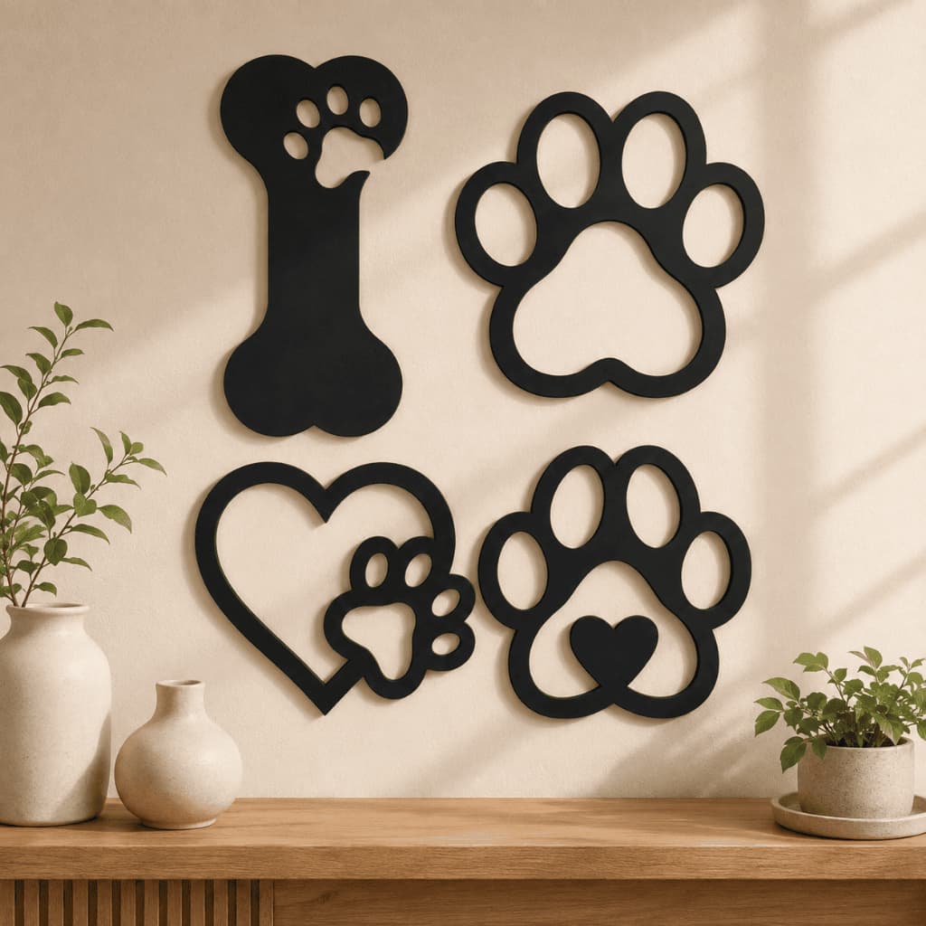 Kit 4 Quadros Decorativos em MDF Patinhas e Ossinho para Espaço Pet