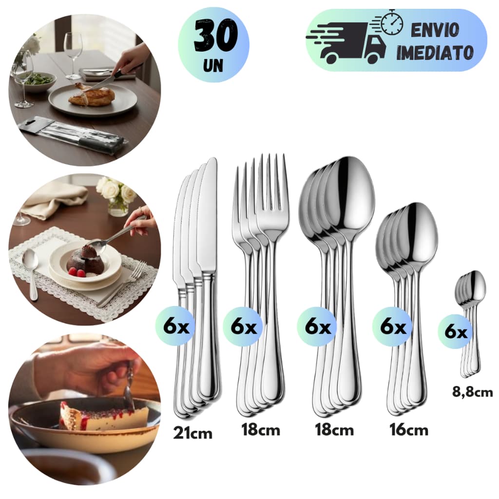 KIT JOGO DE TALHERES INOX COMPLETO FACA DE MESA GARFO COLHER DE SOBREMESA E CAFÉ MESA POSTA