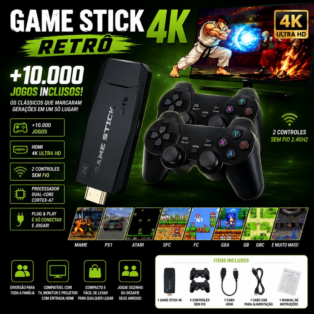 Game Stick 4K Retrô 10.000 Jogos 2 Controles Sem Fio HDMI Console Retro