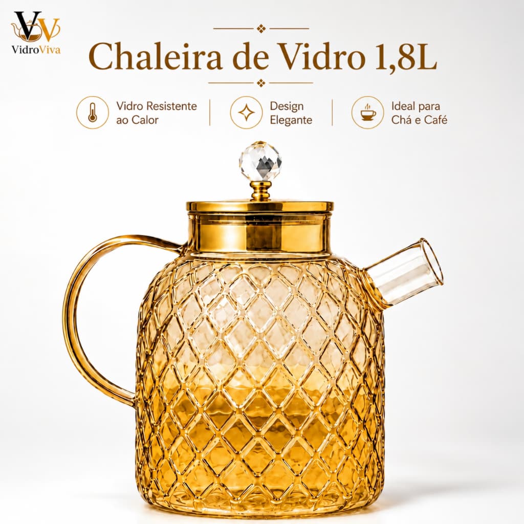 Chaleira de Vidro Âmbar 1,8L com Filtro Inox Bule Borossilicato Resistente ao Calor para Chá Café Ervas e Infusões