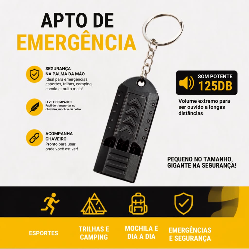 Apito Emergência Sobrevivência 3 Tubos Som Alto 125db Chaveiro de Segurança Alta Potência para Trilha, Camping, Corrida.