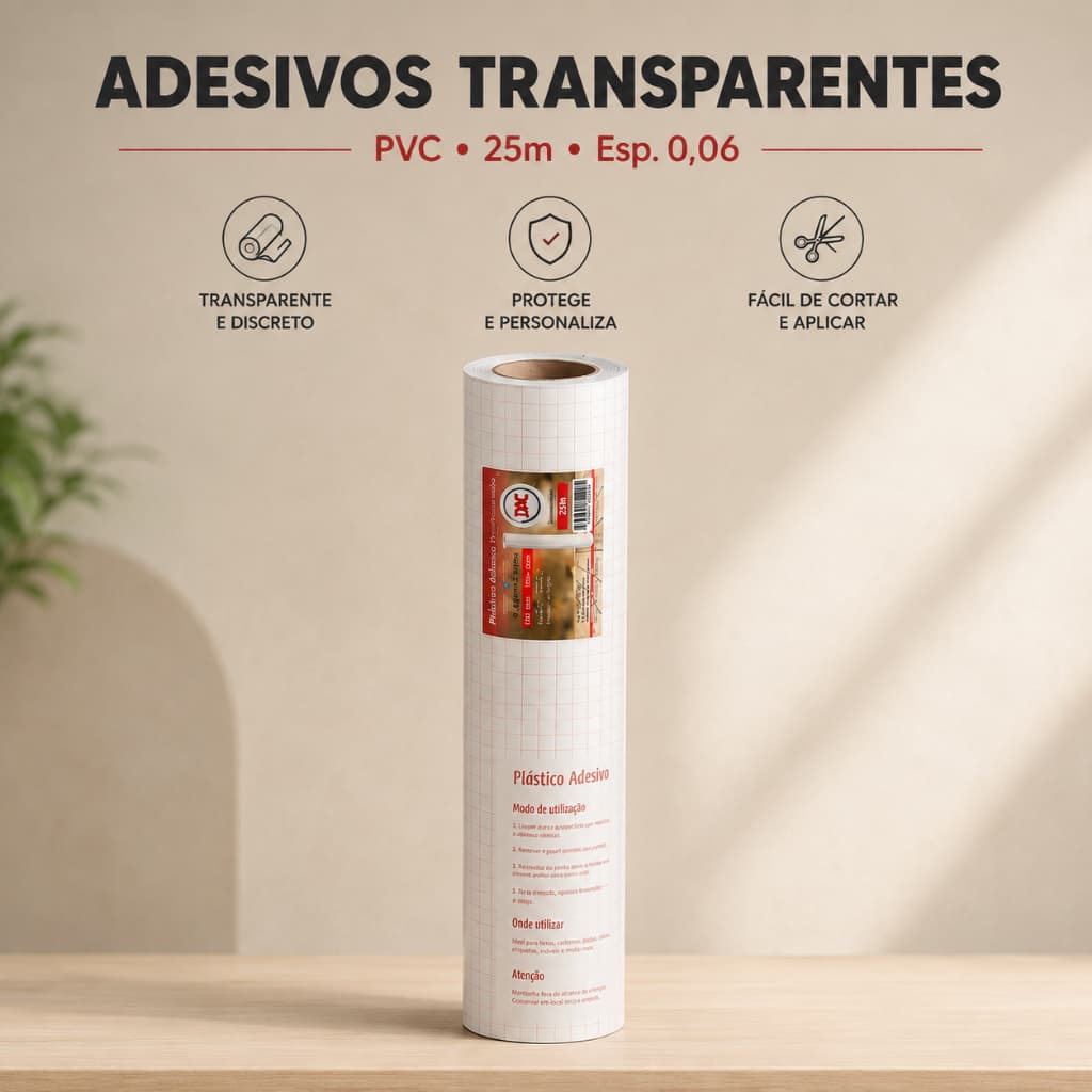 Plástico Adesivo Transparente PVC 25m Espessura 0,06 para Encapar Livros Cadernos Móveis