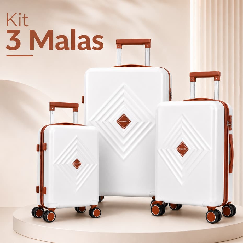 Kit 3 de Malas Viagem10kg| 23kg| 32kg em Polipropileno Rígido | Cadeado e Rodas 360°