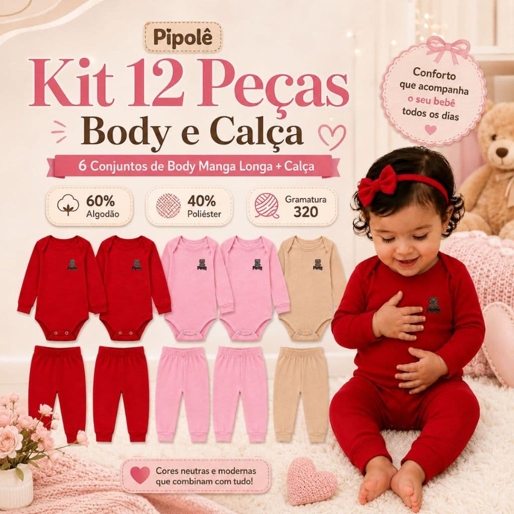 Kit 12 Peças Menina Pipolê Bebê Body Manga Longa e Calça Conjunto Infantil