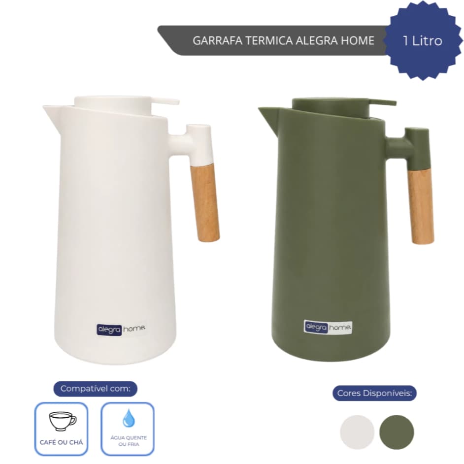 Garrafa Térmica 1L Cabo de Madeira Com Gatilho Chimarrão Tereré Café  Diversas Cores