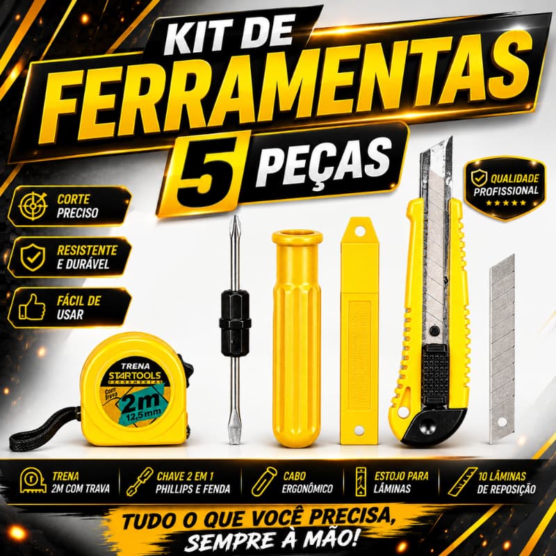 Kit de Ferramentas Domésticas 5 Peças com Trena 2 Metros Estilete e Acessórios para Reparos |FG137| Pronta Entrega