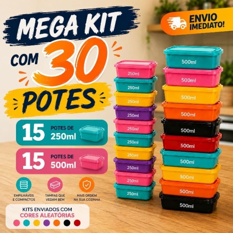 Mega Kit 30 Potes Plásticos com Tampa 250ml e 500ml Mantimentos Organização Cozinha