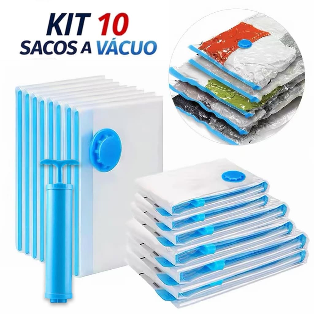 Kit 5/10 Sacos a Vácuo + Bomba Manual Organizadores Roupas Edredons Viagem Antimofo Reutilizável