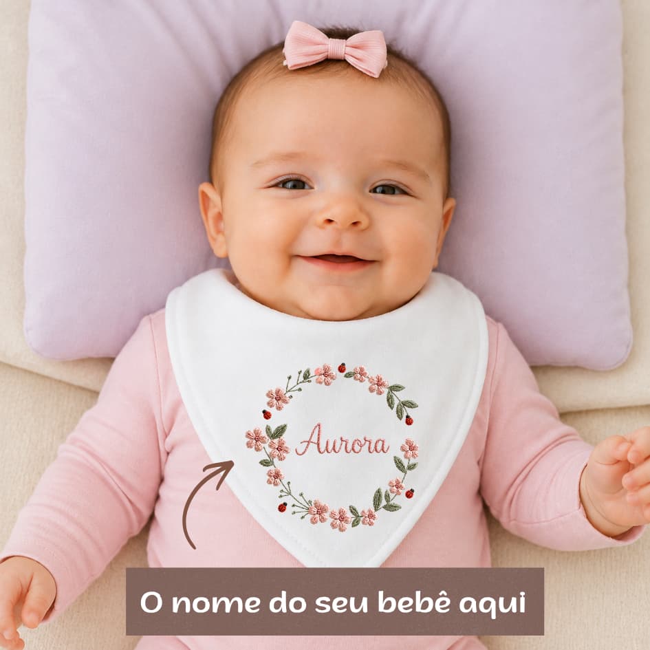 Babador Bebê Personalizado com Nome Floral Joaninha em Malha Bandana Enxoval