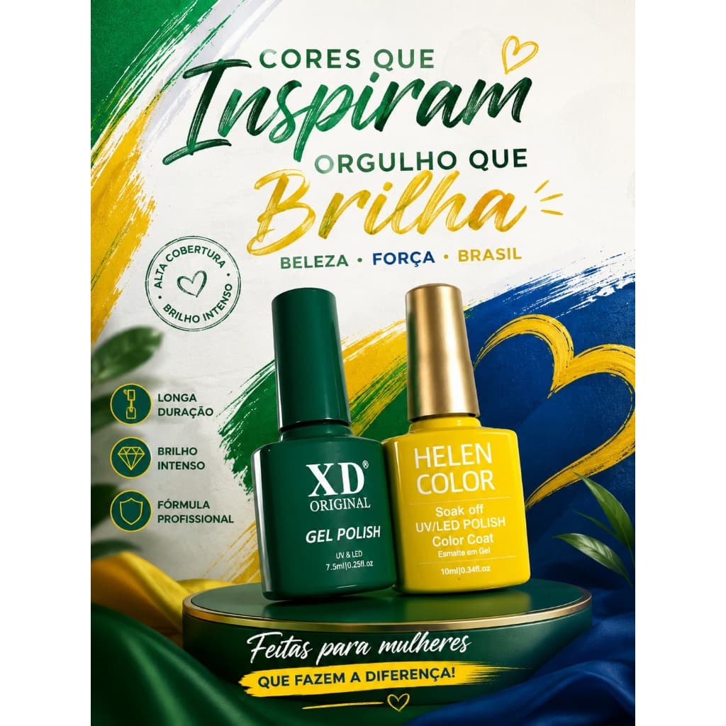 Kit Esmaltes em Gel Cores do Brasil Unhas Personalizadas Brilho Intenso Secagem Rápida UV/Led Helen Color 10ml/XD 7.5 ml