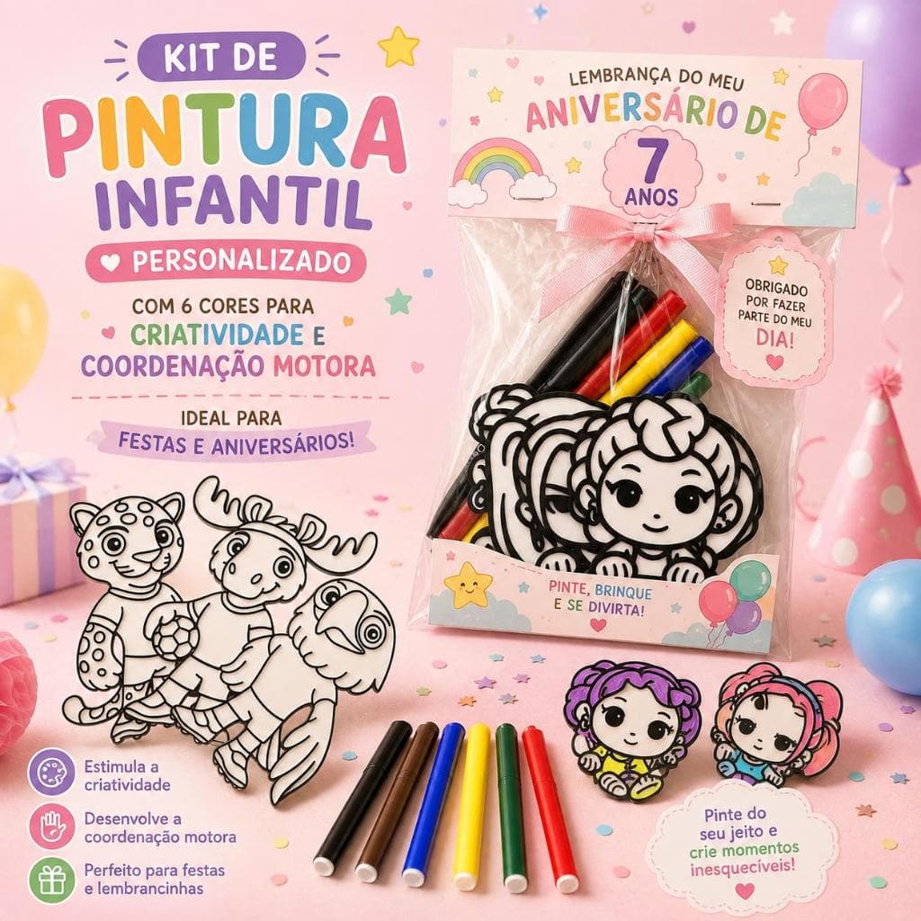 Kit de Pintura Infantil Personalizado com 6 Cores para Criatividade e Coordenação Motora Ideal para Festas e Aniversário