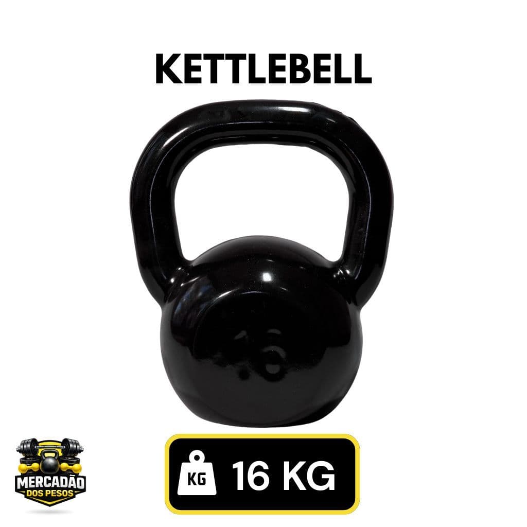 Kettlebell 16 kg Emborrachado Preto  Peso - Treino em Casa Academia Crossfit Musculação