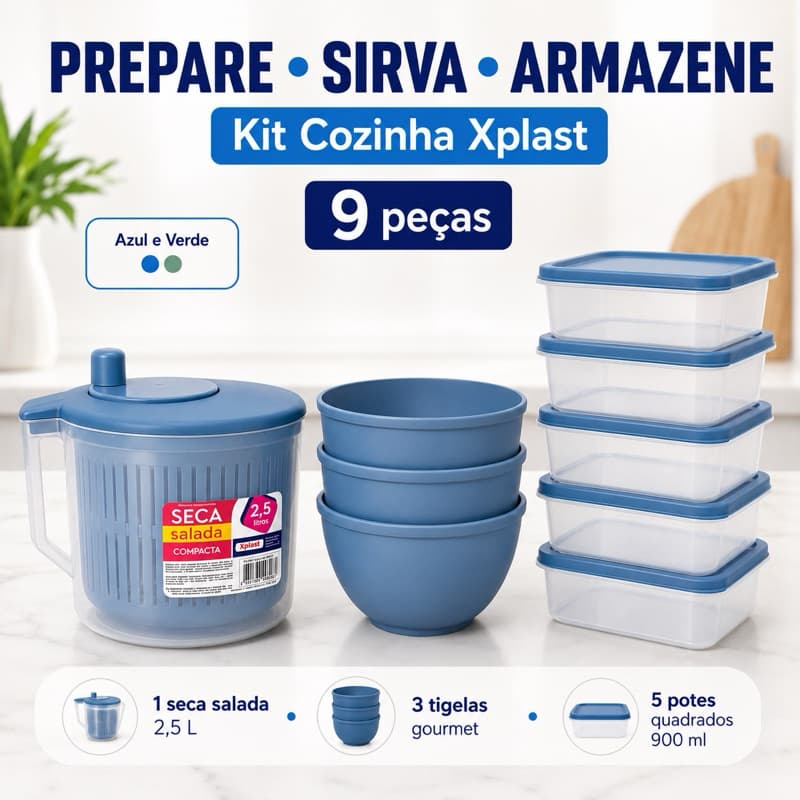 Kit Cozinha Xplast 9 Peças Seca Salada 2,5L 3 Tigelas 700ml 5 Potes 900ml Organização
